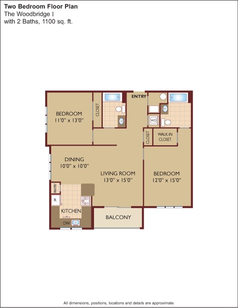 Floor plan for 2 beds, 2 baths, 1100 sqft